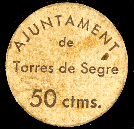 Torres de Segre. 50 céntimos. (T. 2975). Cartón redondo. Muy raro. MBC.