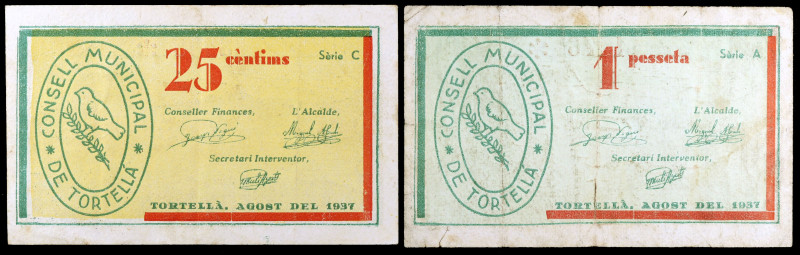 Tortellà. 25 céntimos y 1 peseta. (T. 2993 y 2995). 2 billetes. Escasos. BC+/MBC...