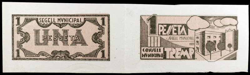 Tremp. 1 peseta. (T. 3021 var). 2 billetes sin cortar y sin numeración. EBC.