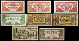 Tremp. 20 (tres), 50 céntimos (dos) y 1 peseta (tres). (T. 3021, 3023, 3023c, 3024, 3025 y 3026 (tres)). 8 billetes. MBC-/EBC.