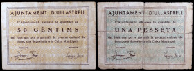 Ullastrell. 50 céntimos y 1 peseta. (T. 3027 y 3028). 2 billetes, todos los de la localidad, uno roto y pegado en la época. Raros. BC/MBC-.