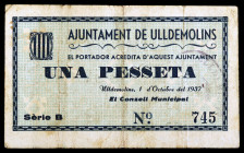 Ulldemolins. 1 peseta. (T. 3037). Muy escaso. MBC-.