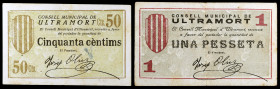 Ultramort. 50 céntimos y 1 peseta. (T. 3041b y 3042b). 2 billetes, serie completa, nº 001 y 013. Raros. MBC-/MBC.