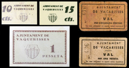 Vacarisses. 10, 15, 50 céntimos y 1 peseta (dos). (T. 3045b, 3046, 3047a, 3048 y 3049). 2 cartones y 3 billetes, todos los de la localidad. Escasos. B...