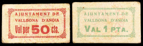 Vallbona d'Anoia. 50 céntimos y 1 peseta. (T. 3057 y 3058). 2 cartones, serie completa. Muy raros. MBC-/MBC.