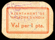 Vallbona d'Anoia. 1 peseta. (T. 3059). Cartón. Raro. MBC-.