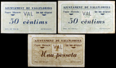 Vallflorida. 50 céntimos (dos) y 1 peseta. (T. 3075, 3076 y 3078). 3 billetes, una serie completa, uno de 50 céntimos nº 0248. BC/MBC.