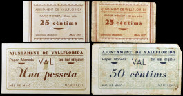 Vallflorida. 25 (dos), 50 céntimos y 1 peseta. (T. 3076, 3077, 3079 y 3080). 4 billetes, una serie completa. Raros. BC/EBC.