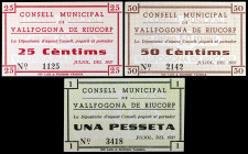 Vallfogona de Riucorp. 25, 50 céntimos y 1 peseta. (T. 3084d. 3085c y 3086b). 3 billetes, serie completa. Escasos así. EBC.