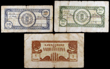 Vallgorguina. 25, 50 céntimos y 1 peseta. (T. 3092 a 3094). 3 billetes, todos los de la localidad, el de 1 peseta, nº 87. Raros. BC-/BC+.