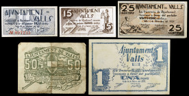 Valls. 10, 15, 25, 50 céntimos y 1 peseta. (T. 3103c, 3106a, 3108a, 3109 y 3110). 5 billetes, una serie completa. BC+/MBC+.