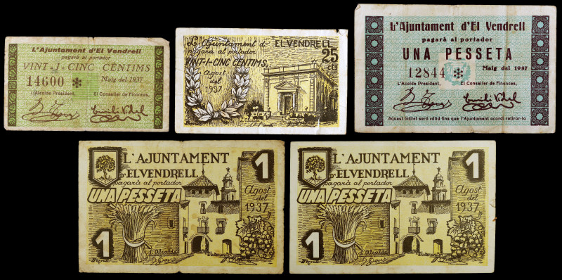 Vendrell, el. 25 céntimos (dos) y 1 peseta (tres). (T. 3126, 3127d, 3128 (dos) y...