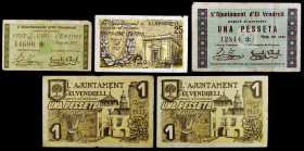 Vendrell, el. 25 céntimos (dos) y 1 peseta (tres). (T. 3126, 3127d, 3128 (dos) y 3129c). 5 billetes, 2 series completas. BC/MBC.