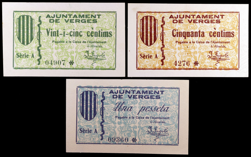 Verges. 25, 50 céntimos y 1 peseta. (T. 3149, 3150 y 3151). 3 billetes, serie co...