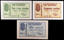 Verges. 25, 50 céntimos y 1 peseta. (T. 3149, 3150 y 3151). 3 billetes, serie completa. Escasos así. EBC+.