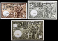 Vic. Sindicat Agrícola Cooperatiu. 1, 2 y 10 pesetas. (T. 3155 a 3157). 3 billetes, serie completa. Escasos. MBC+/EBC-.