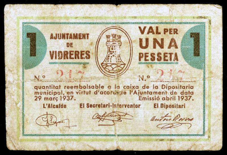 Vidreres. 1 peseta. (T. 3159). Raro. BC+.