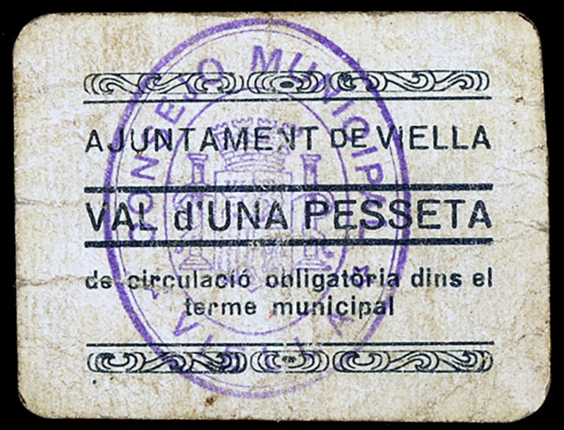Viella. 1 peseta. (T. 3174, la foto correcta es la del nº 3180). Cartón. Ex Áure...