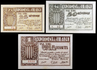 Vilaboi. 25, 50 céntimos y 1 peseta. (T. 3193d, 3194 y 3195b). 3 billetes, serie completa, el de 50 céntimos nº 45 y el de 25 céntimos nº 71. Escasos ...