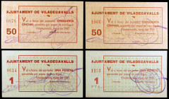 Viladecavalls. 50 céntimos (dos) y 1 peseta (dos). (T. 3203, 3203a, 3204 y 3204a). 4 cartones, 2 series completas, con y sin sello tampón. Escasos así...