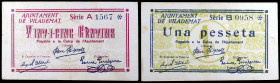 Vilademat. 25 céntimos y 1 peseta. (T. 3208a y 3209). 2 billetes, todos los de la localidad. Escasos. MBC+.