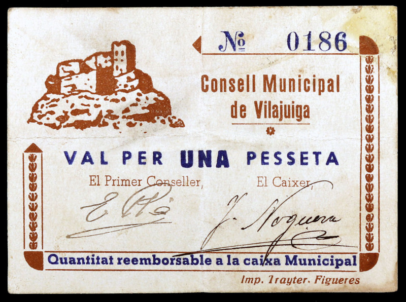 Vilajuiga. 1 peseta. (T. 3222). Cartón nº 0186. Muy raro. MBC.