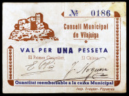 Vilajuiga. 1 peseta. (T. 3222). Cartón nº 0186. Muy raro. MBC.
