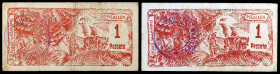 Vilaller. 1 peseta (dos). (T. 3235 y 3235a). 2 billetes, con el valor correcto y girado. Raros. MBC-/MBC.