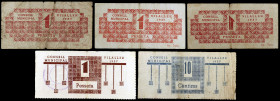 Vilaller. 10 céntimos y 1 peseta (cuatro). (T. 3233, 3235, 3235a, 3237 y 3239a). 5 billetes. Conjunto raro. BC/MBC+.