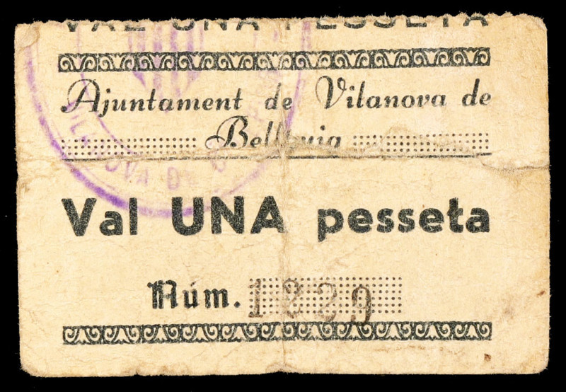 Vilanova de Bellpuig. 1 peseta. (T. 3265). Cartón. Roto y pegado en la época. Mu...