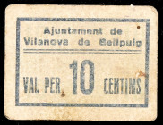 Vilanova de Bellpuig. 10 céntimos. (T. 3269f). Cartón. Manchitas. Raro. MBC-.