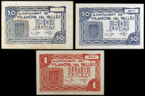 Vilanova del Vallès. 50 céntimos (dos) y 1 peseta. (T. 3284d, 3285a y 3286b). 3 billetes, una serie completa. Raros. MBC-/EBC.