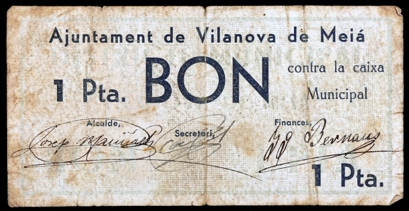 Vilanova de Meià. 1 peseta. (T. 3287). Nº 000129. Raro. BC.