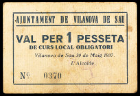 Vilanova de Sau. 1 peseta. (T. 3297a). Cartón nº 0370, única emisión de la localidad. Manchitas. Muy raro. MBC.
