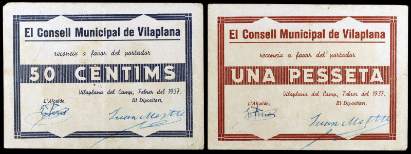 Vilaplana del Camp. 50 céntimos y 1 peseta. (T. 3313 y 3314). 2 billetes, serie ...