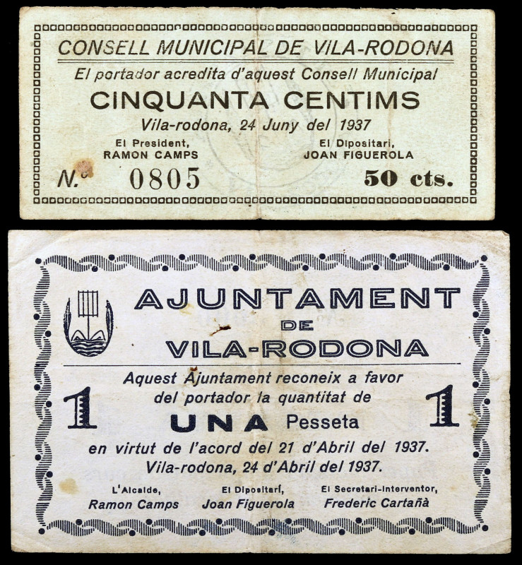 Vila-Rodona. 50 céntimos y 1 peseta. (T. 3318 y 3319a). 2 billetes. Escasos. BC+...