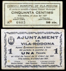 Vila-Rodona. 50 céntimos y 1 peseta. (T. 3318 y 3319a). 2 billetes. Escasos. BC+/MBC-.