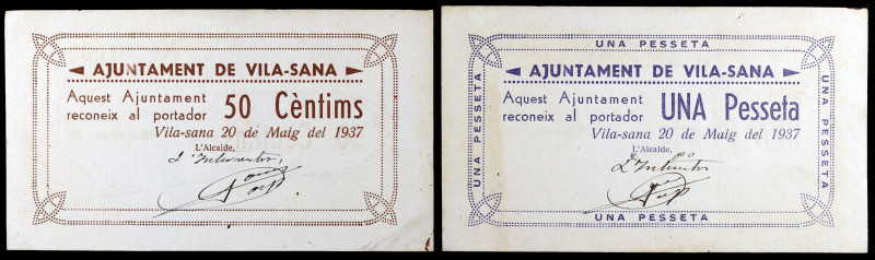Vila-Sana. 50 céntimos y 1 peseta. (T. 3323a y 3324a var). 2 billetes, todos los...