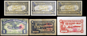 Vilassar de Mar. 25 (tres), 50 céntimos y 1 peseta (dos). (T. 3333 a 3336 y 3336b). 6 billetes, 2 series completas. MBC-/MBC+.