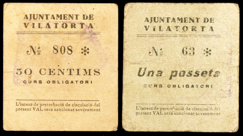 Vilatorta. 50 céntimos y 1 peseta. (T. 3339 y 3340). 2 cartones, todos los de la...