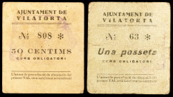 Vilatorta. 50 céntimos y 1 peseta. (T. 3339 y 3340). 2 cartones, todos los de la localidad, el de peseta nº 63. Muy raros. BC/MBC-.