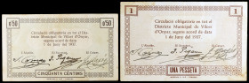 Viloví d'Onyar. 50 céntimos y 1 peseta. (T. 3366 y 3367). 2 billetes, todos los de la localidad. Raros. MBC/MBC+.