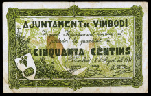 Vimbodí. 50 céntimos. (T. 3369). Manchas. Escaso. BC.