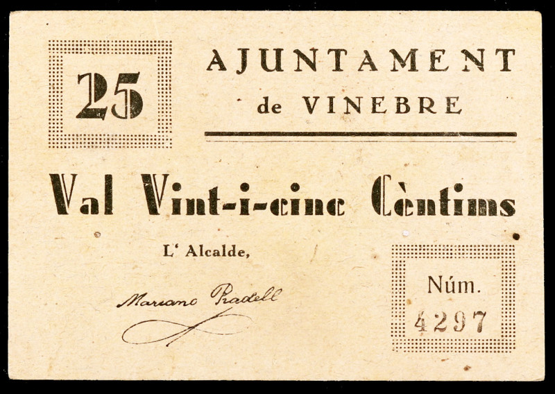 Vinebre. 25 céntimos. (T. 3376c). Cartón. Restos de charnela. Raro. (MBC).