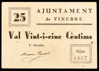 Vinebre. 25 céntimos. (T. 3376c). Cartón. Restos de charnela. Raro. (MBC).