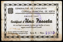 Xerta. Generalitat de Catalunya. 1 peseta. (T. 3379). Rarísimo. MBC-.