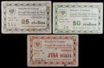 Xerta. 25, 50 céntimos y 1 peseta. (T. 3382a, 3383 y 3384). 3 cartones, serie completa. El de 30 céntimos nº 78. Raros. MBC/MBC+.