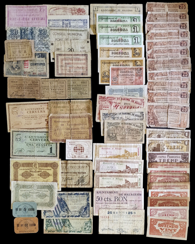 Lote de 63 billetes catalanes de la Guerra Civil. A examinar. BC-/EBC.