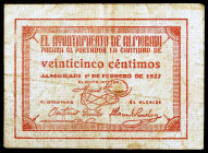 Almoradí (Alicante). 25 céntimos. (KG. 91) (T. 187) (RGH. 607). Escaso. BC+.