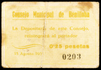 Benilloba (Alicante). 25 céntimos. (KG. 169) (T. 360) (R.G.H. 1121). Nº 0203. Manchitas. Raro. BC+.